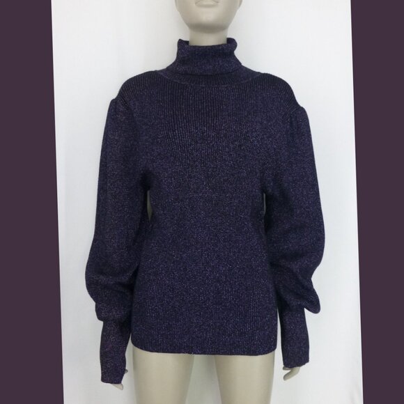 Ann Taylor Purple Metallic Turtleneck Puff Sleeves Sweater (Size XL) - Picture 2 of 11